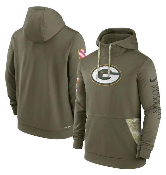 Men's Green Bay Packers 2022 Olive Salute to Service Therma Performance Pullover Hoodie